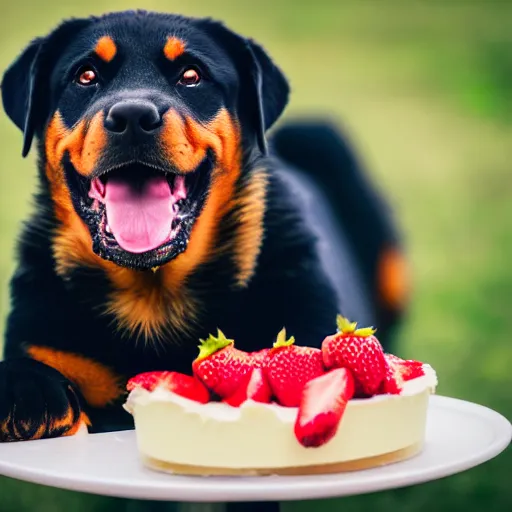 Image similar to a high - quality photo of a cute rottweiler with a half - eaten strawberry cake, 4 5 mm, f 3. 5, sharpened, iso 2 0 0, raw,