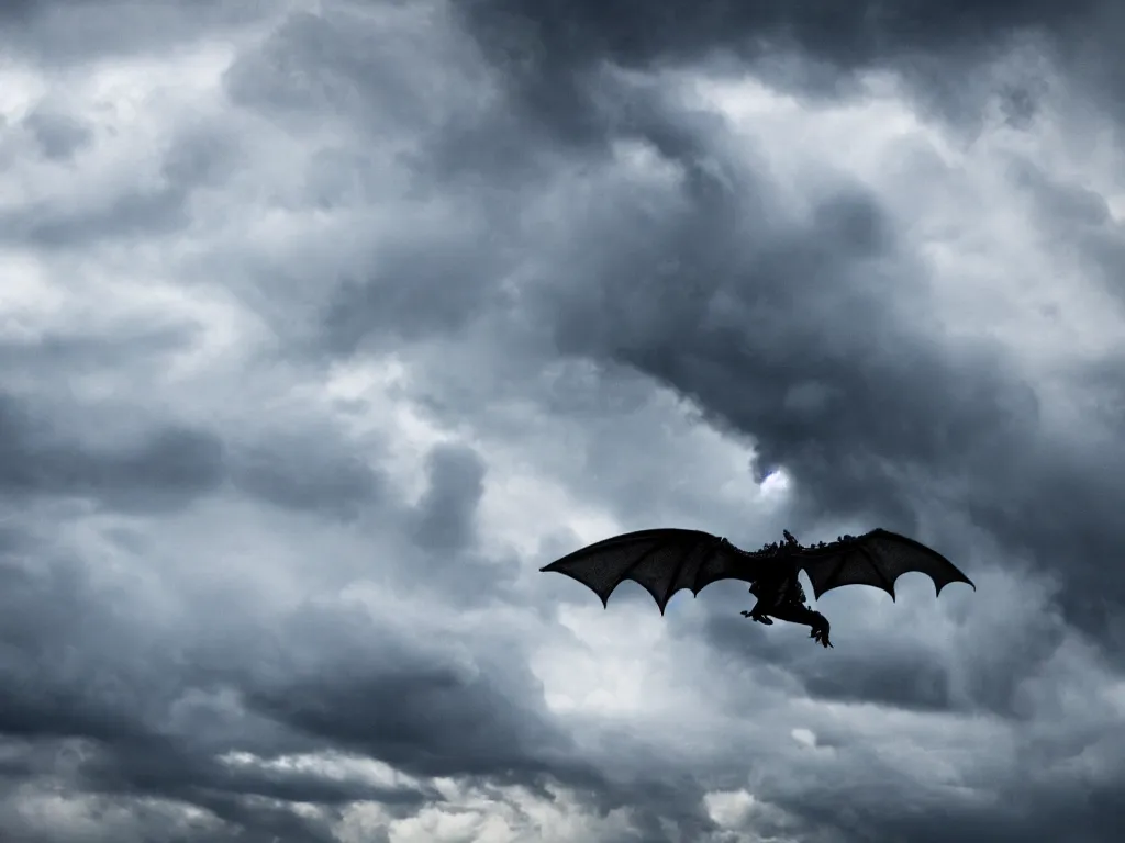 Prompt: epic cinematic close up shot of dragon flying through stormy clouds