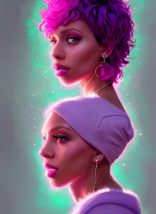 Image similar to portrait of vanessa morgan with bright pink hair, curly pixie cut hair, wearing a purple breton cap, breton cap, hoop earrings, intricate, elegant, glowing lights, highly detailed, digital painting, artstation, concept art, smooth, sharp focus, illustration, art by wlop, mars ravelo and greg rutkowski