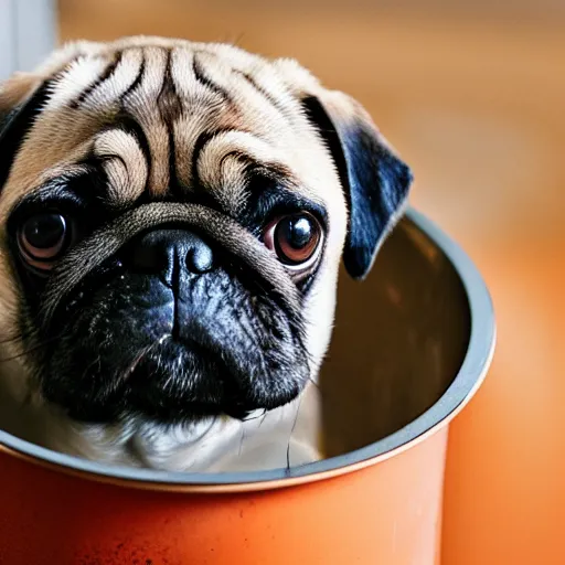 Image similar to An adorable pug sitting in a pot of water atop a stove, high resolution photograph