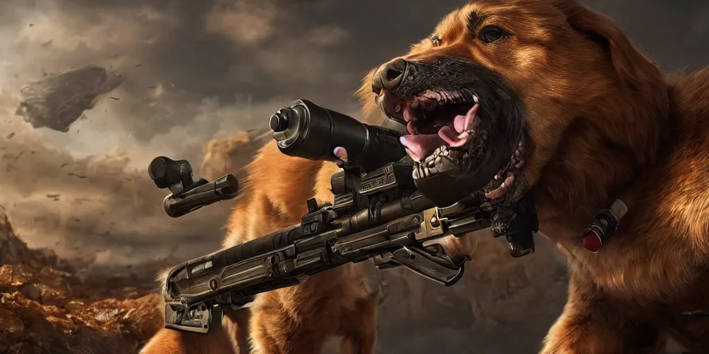 Image similar to Very cool dog WITH A GIANT GUN , realistic 4k octane beautifully detailed render, 4k post-processing, highly detailed, intricate complexity, epic composition, magical atmosphere, cinematic lighting, masterpiece, ultra hd