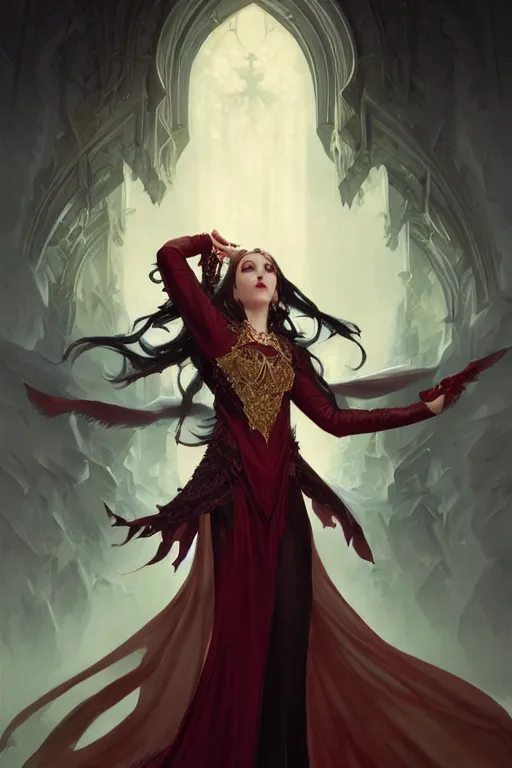 Image similar to beautiful vampire female queen, full body shot, ascending form the sky, hands reaching for her, d & d, fantasy, intricate, elegant, highly detailed, digital painting, artstation, concept art, matte, sharp focus, illustration, hearthstone, art by artgerm and greg rutkowski and alphonse mucha