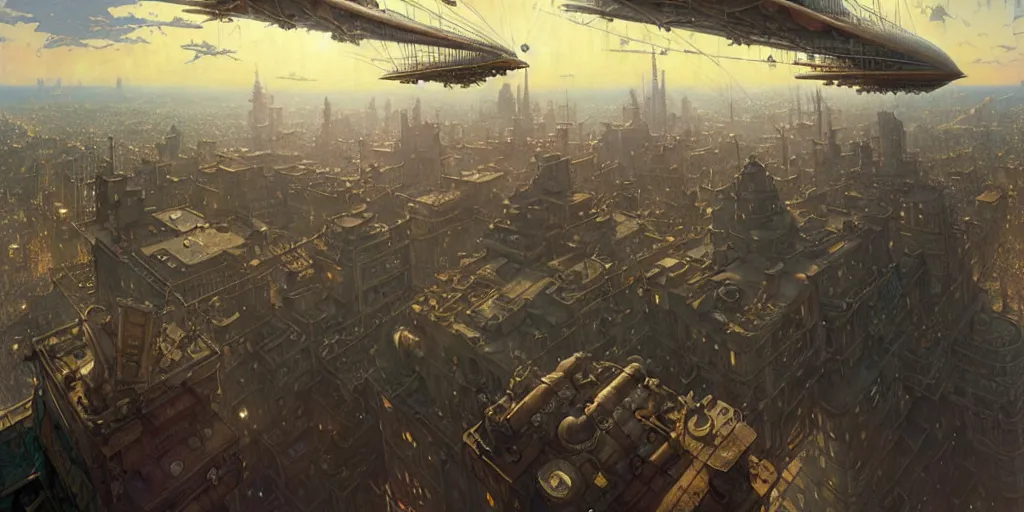 Image similar to steampunk airship above a busy city, exquisite details, denoised, mid view, by norman rockwell, karl kopinski, artsation, greg rutkowski, makoto shinkai, takashi takeuchi, studio ghibli