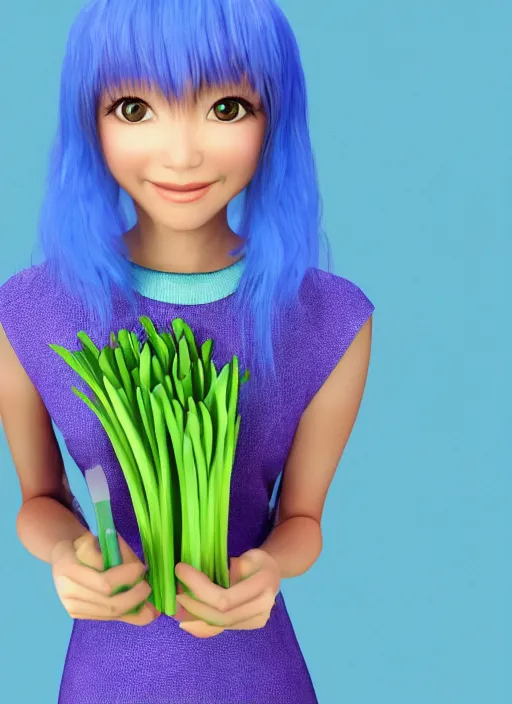 Prompt: 1992 japanese 3D render of a blue haired girl holding a leek. simple background