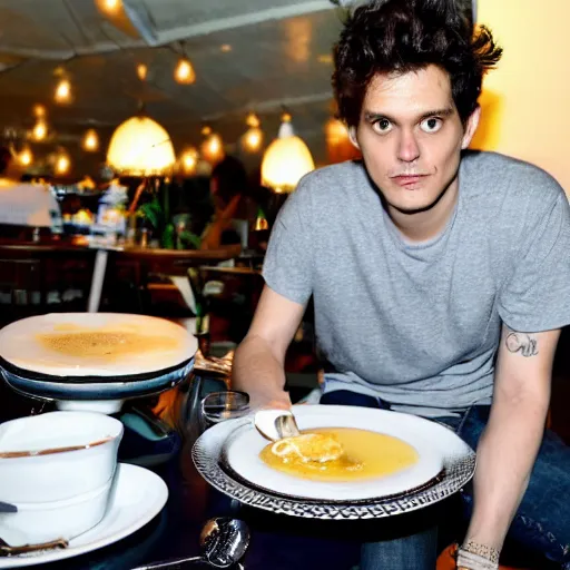 Image similar to john mayer eating a creme brulee with bananas