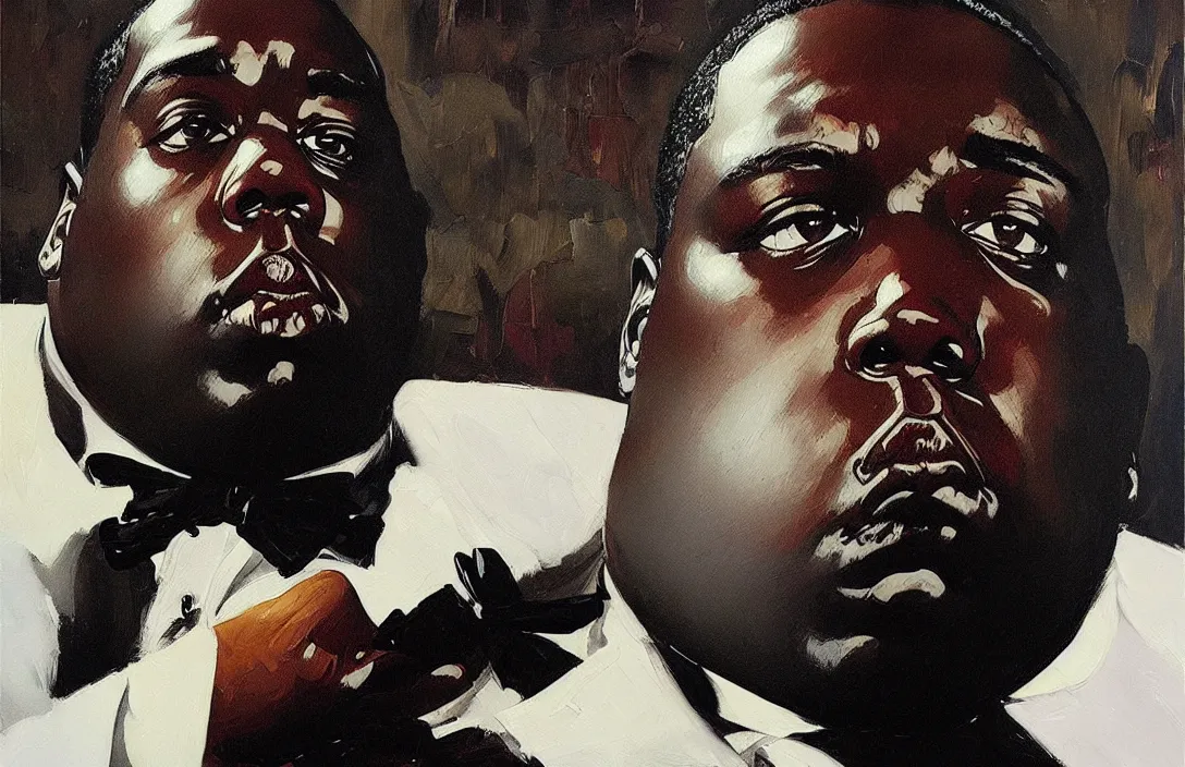 Image similar to portrait of the notorious b. i. g. as james bond!!!!!!!!!!!!!!!!!!!!!!!!!!!, detailed face, detailed painting, epic lighting, by ilya repin, phil hale and kent williams