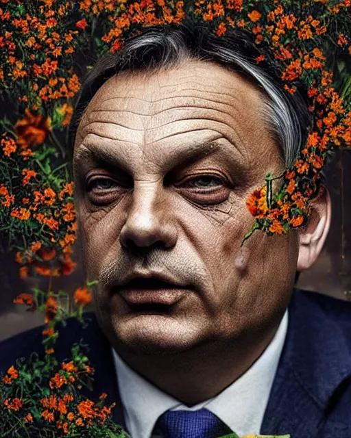 Prompt: viktor orban's face, made of wildflowers, in the style of the dutch masters and gregory crewdson, dark and moody