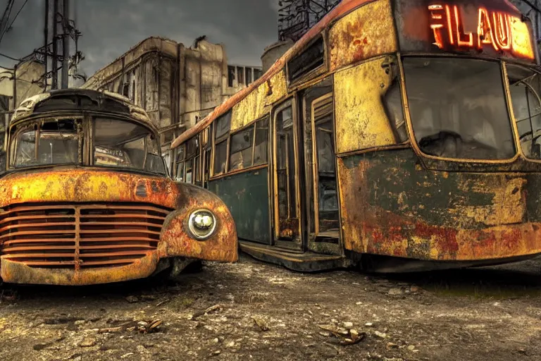 Prompt: low wide angle shot of dilapidated fallout 5 europa, retro futuristic euro cityscapes, desolate, dilapidated neon signs, few rusted retro futuristic vintage parked vehicles like cars, buses, trucks, trams, volumetric lighting, photorealistic, fog, daytime, autumn, overcast weather, sharp focus, ultra detailed, 4 0 0 0 k