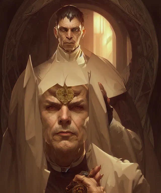 Prompt: an evil priest, portrait, intricate, elegant, highly detailed, digital painting, artstation, concept art, smooth, sharp focus, illustration, art by artgerm and greg rutkowski and alphonse mucha