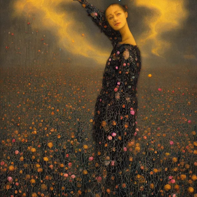 Image similar to A portrait of a woman wearing clothes made out of thunder clouds and flowers, silhouettes of people floating in the air in the background, apocalypse, yellow skin, Masterpiece, glowing, wires everywhere, by Edgar Maxence and Ross Tran, Zdzisław Beksiński, and Michael Whelan, distant, gustav dore, H.R. Giger, 8k, octane render