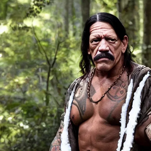 Image similar to danny trejo as snow-white i a magical forest