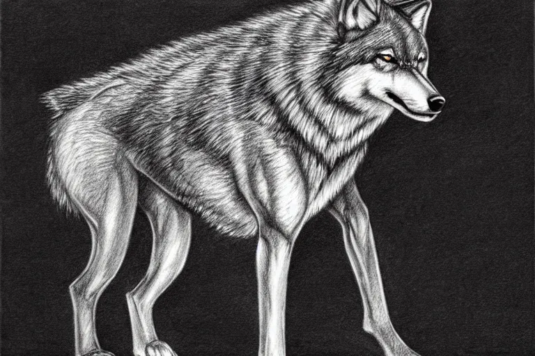 Image similar to a pencil drawing of a wolf, full body, D&D, armor, made by by Pen Tacula