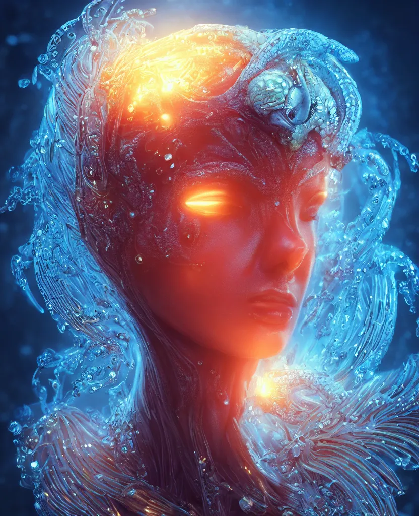 Image similar to close-up macro portrait of the face of a beautiful princess, epic angle and pose, symmetrical artwork, 3d with depth of field, blurred background, cybernetic jellyfish female face skull phoenix bird, translucent, nautilus, energy flows of water and fire. a highly detailed epic cinematic concept art CG render. made in Maya, Blender and Photoshop, octane render, excellent composition, cinematic dystopian brutalist atmosphere, dynamic dramatic cinematic lighting, aesthetic, very inspirational, arthouse. y Greg Rutkowski, Ilya Kuvshinov, WLOP, Stanley Artgerm Lau, Ruan Jia and Fenghua Zhong