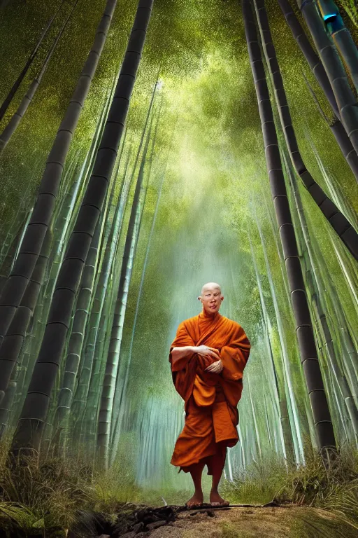 Image similar to a komuso monk wearing a straw basket worn on the head in a mysterious japanese bamboo forest with light shafts, atmospheric lighting, by greg rutkowski, ultra realistic, concept art, intricate details, highly detailed, photorealistic, octane render, 8 k, unreal engine