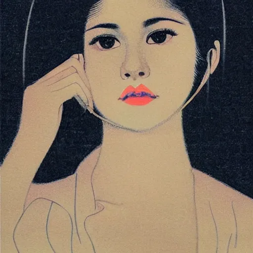 Prompt: “ selena gomez portrait by ikenaga yasunari and ayana otake and ko rakusui, 6 0 s poster, drawing, realistic, sharp focus, japanese, dreamy, nostalgia, faded, golden hues, floral clothes ”