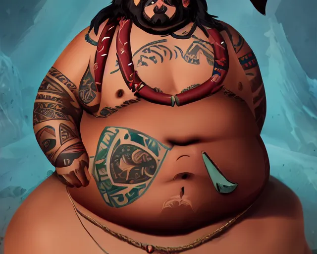 Prompt: sea of thieves character portrait concept art for an obese chubby huge tribal native man with polynesian tattoos on his face and a nose ring, cgsociety, trending on artstation, rare ltd,