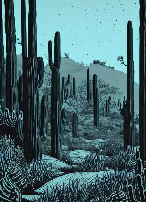 Prompt: art by cat flint, ultra wide shot, black ink linocut print of the cactus forest, high hills, 8 k, frostbite 3 engine, cryengine, ground level shot, dof, trending on artstation, digital art, crepuscular ray