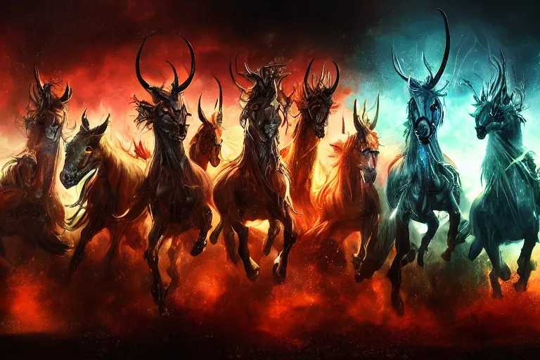 Image similar to the four horsemen of the apocalypse, digital painting, mixed media, trending on artstation and deviantart, epic composition, magnum opus, highly detailed, 8 k