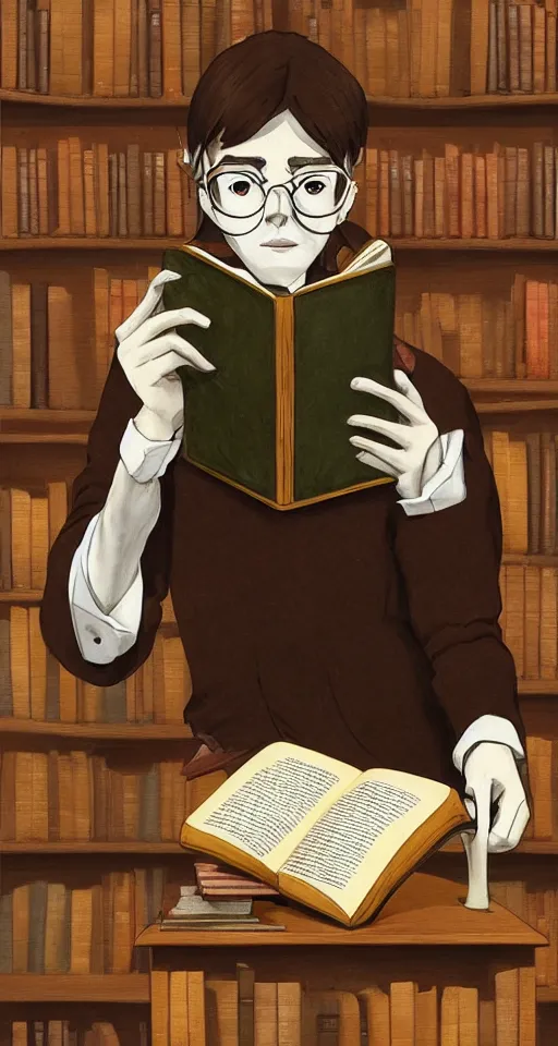 Prompt: inquisitive one eye'd homunculus in a library, sitting at a table, wearing glasses and a turtleneck is reading a book with a lot of pages and a leather cover, realistic, 4 k,