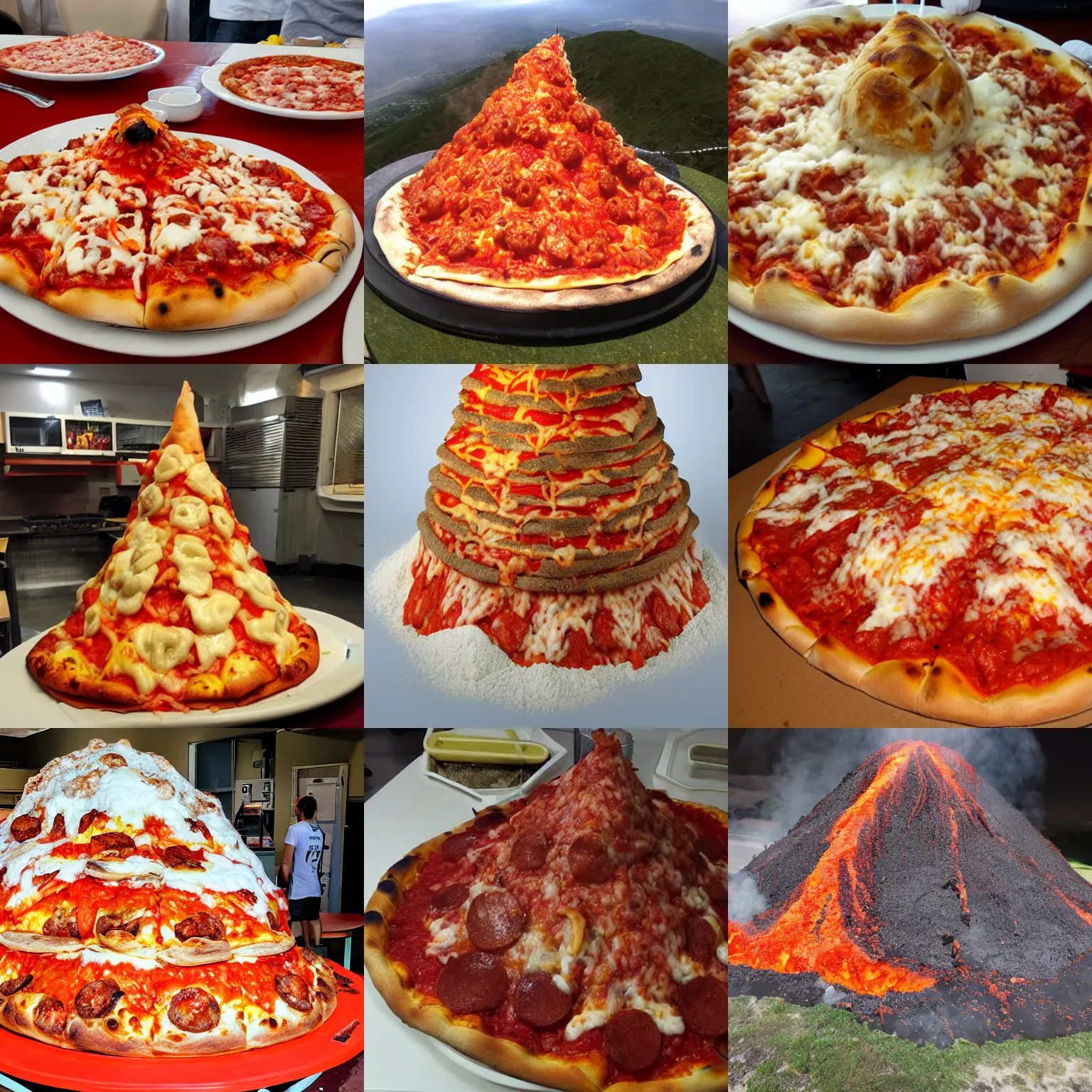Prompt: a volcano made of pizza