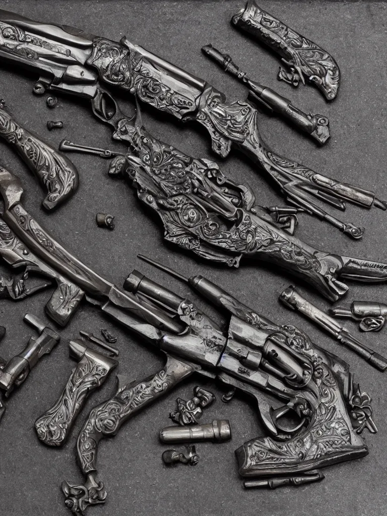 Image similar to carving in old worn black granite of machine guns shotguns rifles revolvers bullets, magazine cover, ultrarealistic, intricate details, 4k