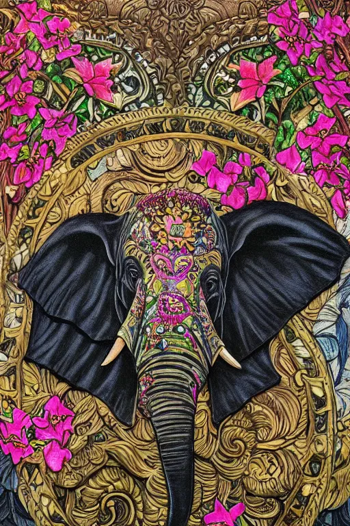 Image similar to Painted dark-wood panel relief carving of a close up of a Flowerpunk Matriarch Elephant, ornate border frame, explosion of colorful flowers, dark wood, intricately carved, black ink, festival of rich colors, intricate details, cinematic lighting, volumetric lighting, post-processing, art nouveau, tarot, by andreas rocha and john howe, and Martin Johnson Heade, featured on artstation, featured on behance, golden ratio, hyper detailed, photorealistic, epic composition, center spotlight, f32, well composed, symmetrical, UE5, 8k