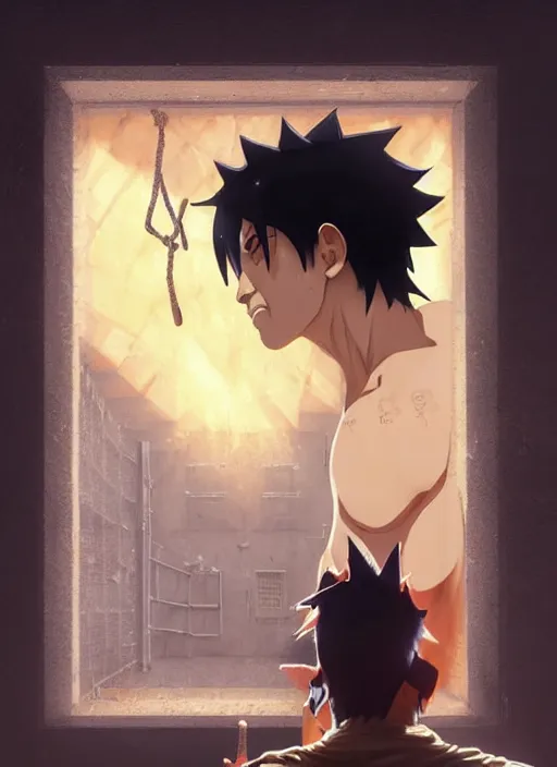 Image similar to highly detailed prison cell with naruto uzumaki with black hair, metal bars in window, powerfully hitting a wall, art by greg rutkowski, loish, rhads, ferdinand knab, makoto shinkai and lois van baarle, ilya kuvshinov, rossdraws, tom bagshaw, global illumination, radiant light, detailed and intricate environment