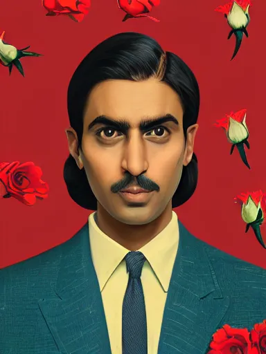 Image similar to artwork by Wes Anderson, Wes Anderson and Wes Anderson, of a solo individual portrait of an Indian guy with roses, dapper, simple illustration, domestic, nostalgic, full of details, by Wes Anderson and Wes Anderson, wes anderson, wes anderson, wes anderson, wes anderson, wes anderson, Matte painting, trending on artstation and unreal engine