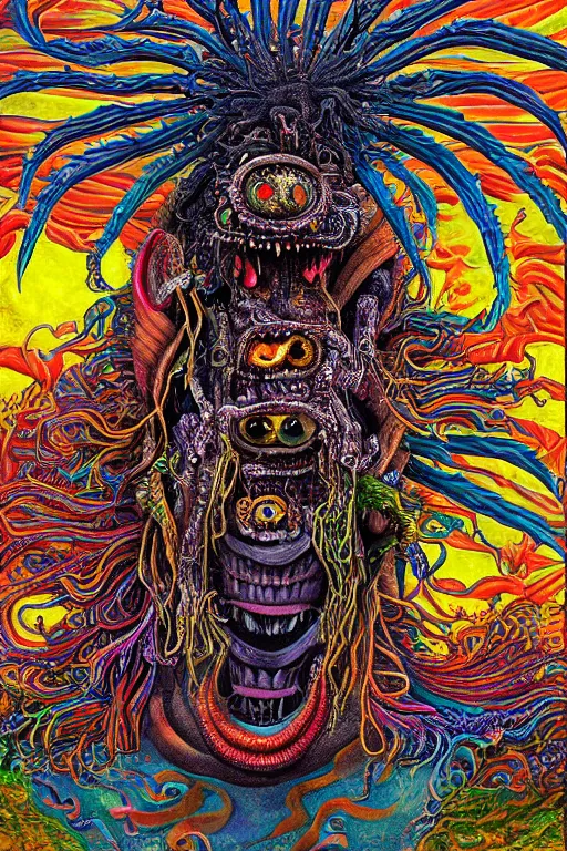 Image similar to a high detailed hyper detailed painting of a spiritual monster with dreadlocks and several eyes, pointy teeth and colorful skin with scales and strange textures, surreal psychedelic cosmic horror