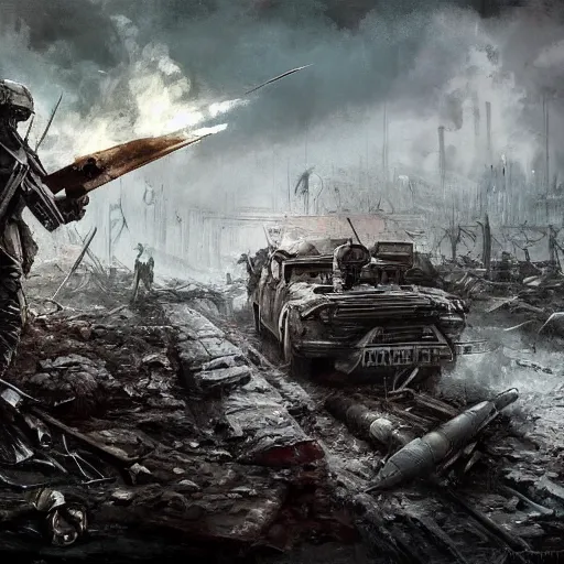 Image similar to an epic painting of the last days of war between Europe and Russia, year 2055, post nuclear war, post-apocalyptic, dramatic, dark, scary, , intricate, elegant, digital painting, concept art, smooth, sharp focus, illustration,