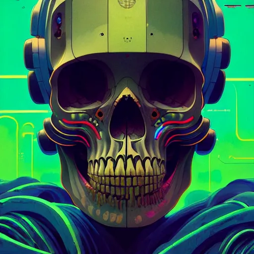 Prompt: a beautiful portrait painting of a ( cyberpunk ) skull by simon stalenhag and pascal blanche and alphonse mucha!! and nekro!! and josan gonzalez. in style of digital art. colorful comic, film noirs, symmetry, brush stroke, vibrating colors, hyper detailed. octane render. trending on artstation