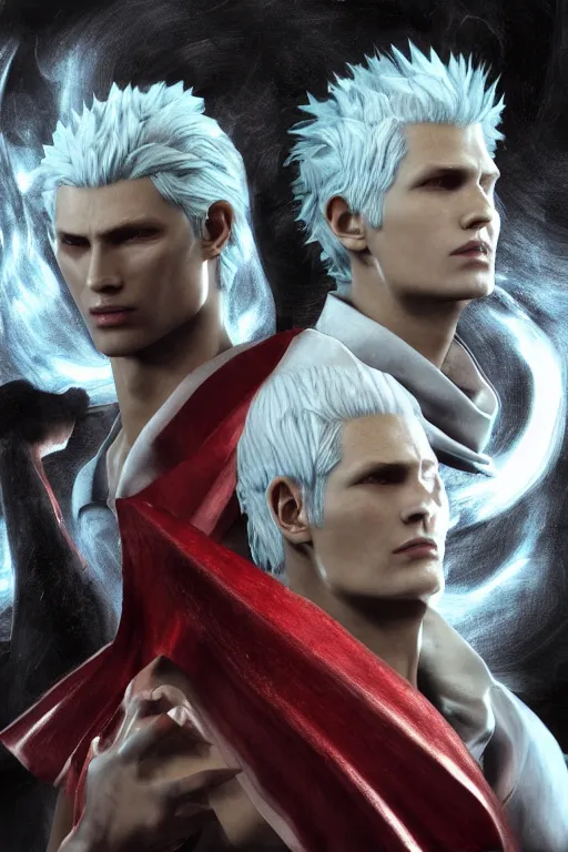 Image similar to dante and vergil in shiny hell, nightmare, horror, sharp focus, detailed, photorealistic