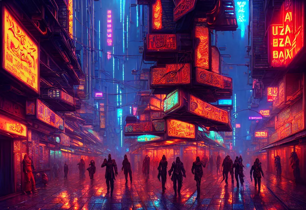 Prompt: a highly detailed bazaar street in the cyberpunk megacity of new washington, amazing cyberpunk digital painting, by gerald brom, brom digital art, intricate details, ultra realistic, beautiful art, volumetric lighting, by art germ, by brom, rule of thirds, trending cgsociety, artstation, warm colors advance cool colors recede, neon lights, crowded, 8 k