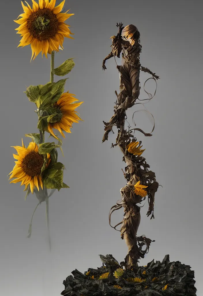 Prompt: a small hybrid sunflower statue by greg rutkowski, sung choi, mitchell mohrhauser, maciej kuciara, johnson ting, maxim verehin, peter konig, 8 k photorealistic, cinematic lighting, hd, high details, dramatic, atmosphereric, trending on artstation