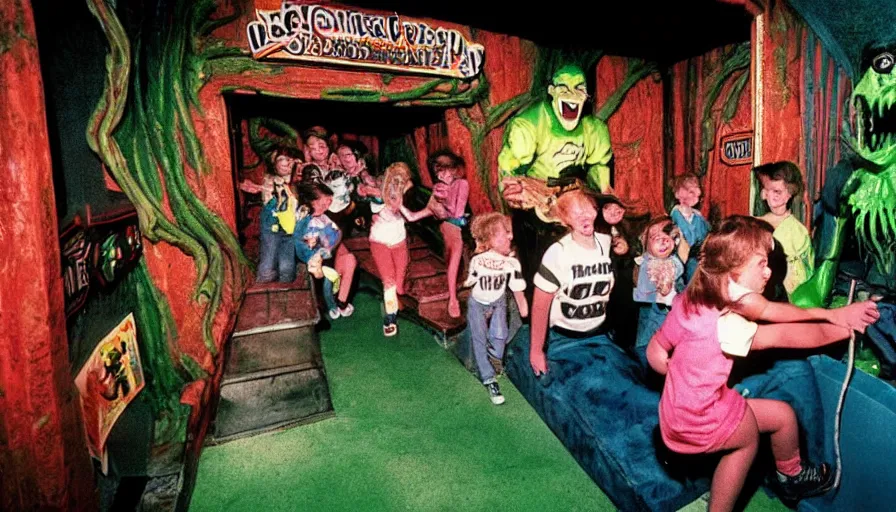 Prompt: 1990s photo of inside the Goosebumps Ride at Universal Studios in Orlando, Florida, children riding through a Haunted ventriloquist theater, slime, cinematic, UHD