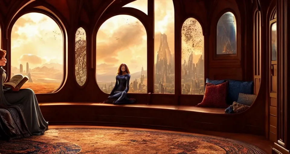 Prompt: An incredibly beautiful scene from a 2022 Marvel film featuring a cozy art nouveau reading nook. 8K UHD.