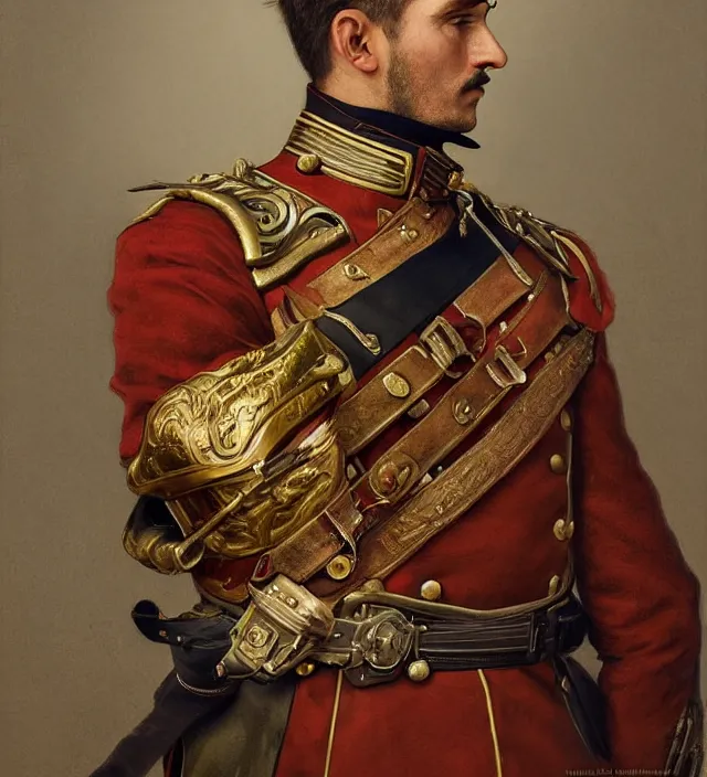 Image similar to portrait of an hungarian man wearing a traditional nineteenth century austro - hungarian empire military uniform, metal shoulder pauldrons, intricate, highly detailed, digital painting, artstation, concept art, sharp focus, cinematic lighting, illustration, art by artgerm and greg rutkowski, alphonse mucha, cgsociety