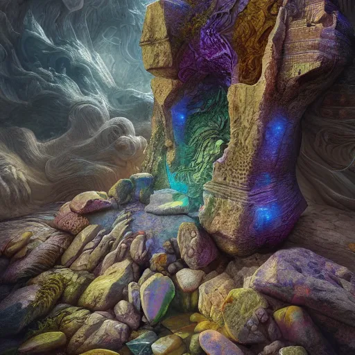 Image similar to Awe inspiring, dreamlike, interprentation of the Philosphers Stone, gorgeous, colorfull, , insanely detailed and intricate, 3D oil painting, mystical and dreamlike, Unreal Engine 3D shading, generative design, detailed textures, dimensional, enhanced ,