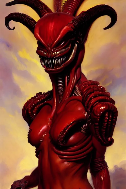 Image similar to painted close - up portrait of a very attractive red - skinned intimidating demon alien - xenomorph queen with ram horns! oil painting, wearing a noblewoman's outfit, fantasy art by john singer sargent and gaston bussiere and james jean and greg rutkowski, demon noble character design, hd