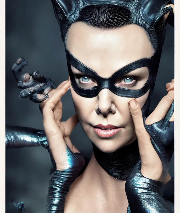 Prompt: portrait of charlize theron as catwoman. hd, 4 k. intricate artwork. by tooth wu, wlop, beeple, dan mumford. octane render, trending on artstation, greg rutkowski very coherent symmetrical artwork. cinematic, hyper realism, high detail, octane render, 8 k, iridescent accents.