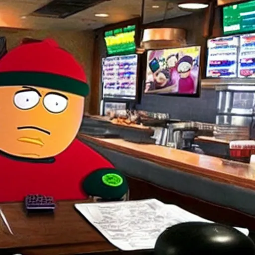 Image similar to eric cartman working at applebee's