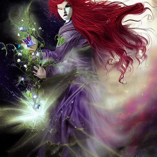 Image similar to The celestial warlock (a beautiful half elf with long red hair) clumsily knocks a single red rose from the top of a funerary urn, releasing an angry wraith from inside. The urn is on the floor, the rose is falling. Dramatic digital art illustration in comic book style by Simon Bisley