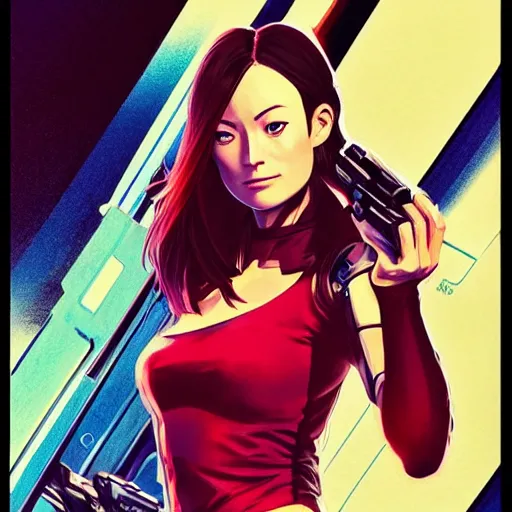 Image similar to olivia wilde holding a blaster, very very anime!!!, fine - face, realistic shaded perfect face, fine details. anime. realistic shaded lighting poster by ilya kuvshinov katsuhiro otomo ghost - in - the - shell, magali villeneuve, artgerm, jeremy lipkin and michael garmash and rob rey