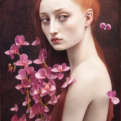 Prompt: sophie turner girl, botanical, orchid, marble white complexion, portrait face, colorful, kupka, intricate, miles johnston, kuroda seiki, ozabu, godward, painterly, yoshitaka amano, moebius, miles johnston, louise zhang, james jean, mark ryden lowbrow pop surrealism art style