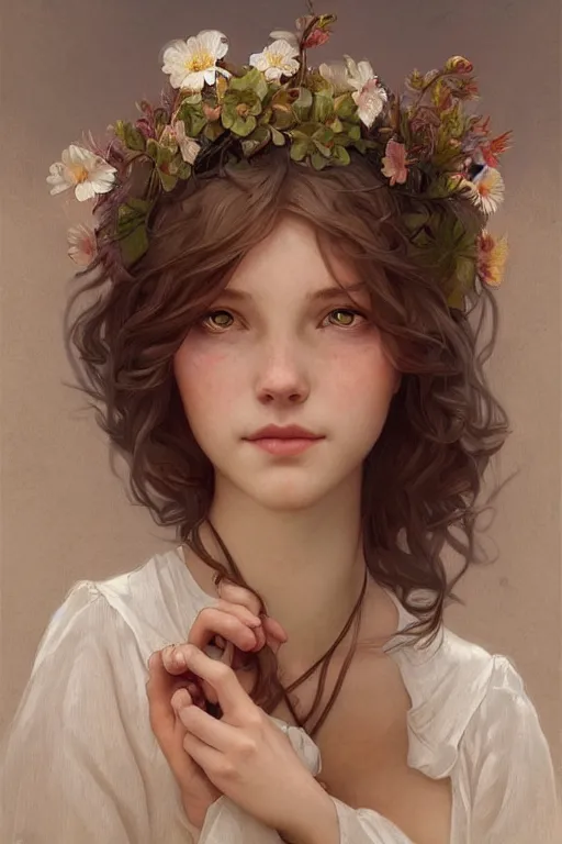 Image similar to beautiful cottagecore young peasant maiden, innocent, intricate, elegant, highly detailed, digital painting, artstation, concept art, smooth, sharp focus, illustration, art by artgerm and greg rutkowski and alphonse mucha