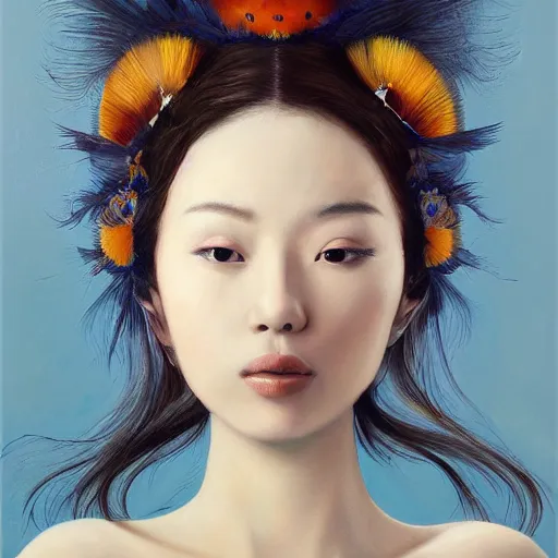 Image similar to a painting of a woman with a bird on her head by li di, featured on cgsociety, fantasy art, made of feathers, detailed painting, whimsical