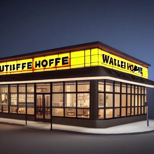 Prompt: a beautiful 3d render of a waffle house restaurant ultra realism, high definition, post processing, unreal engine, 8k, high resolution, octane render, 4k UHD, photographic, digital art