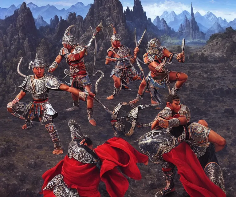 Image similar to wide angle shot from above of silver ornate armor slim muay thai handsome warriors in battle!!! mountains and giant gothic abbeys in the background, hyperrealism, fine detail, 8 k, high contrast color scheme, blue at the background red at the foreground!!!, dynamic perspective, oil canvas by mandy jurgens and michael whelan