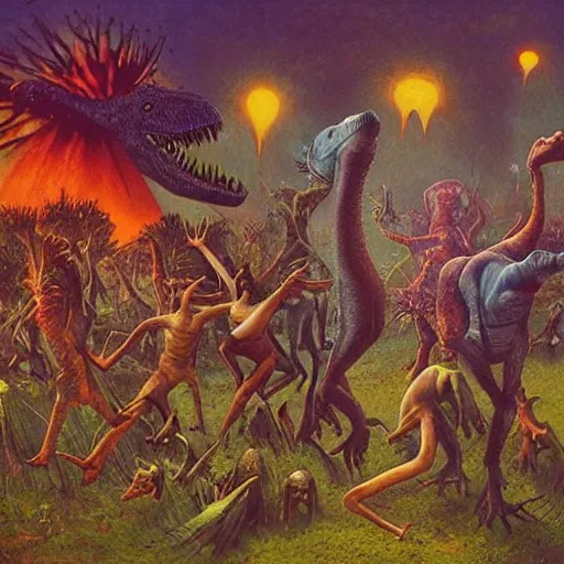 Image similar to A group of dinosaurs dancing in a rave party at ozora festival by Esao Andrews and Karol Bak and Zdzislaw Beksinski