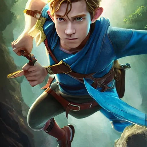 Image similar to Link The movie,live action,played by Tom Holland, blonde hair,detailed 8k,in the style of a movie poster,medium shot,by rossdraws and greg rutkowski